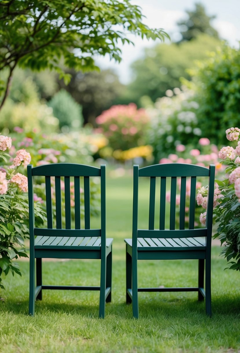 A serene garden with two empty chairs facing each other, surrounded by blooming flowers and a gentle breeze