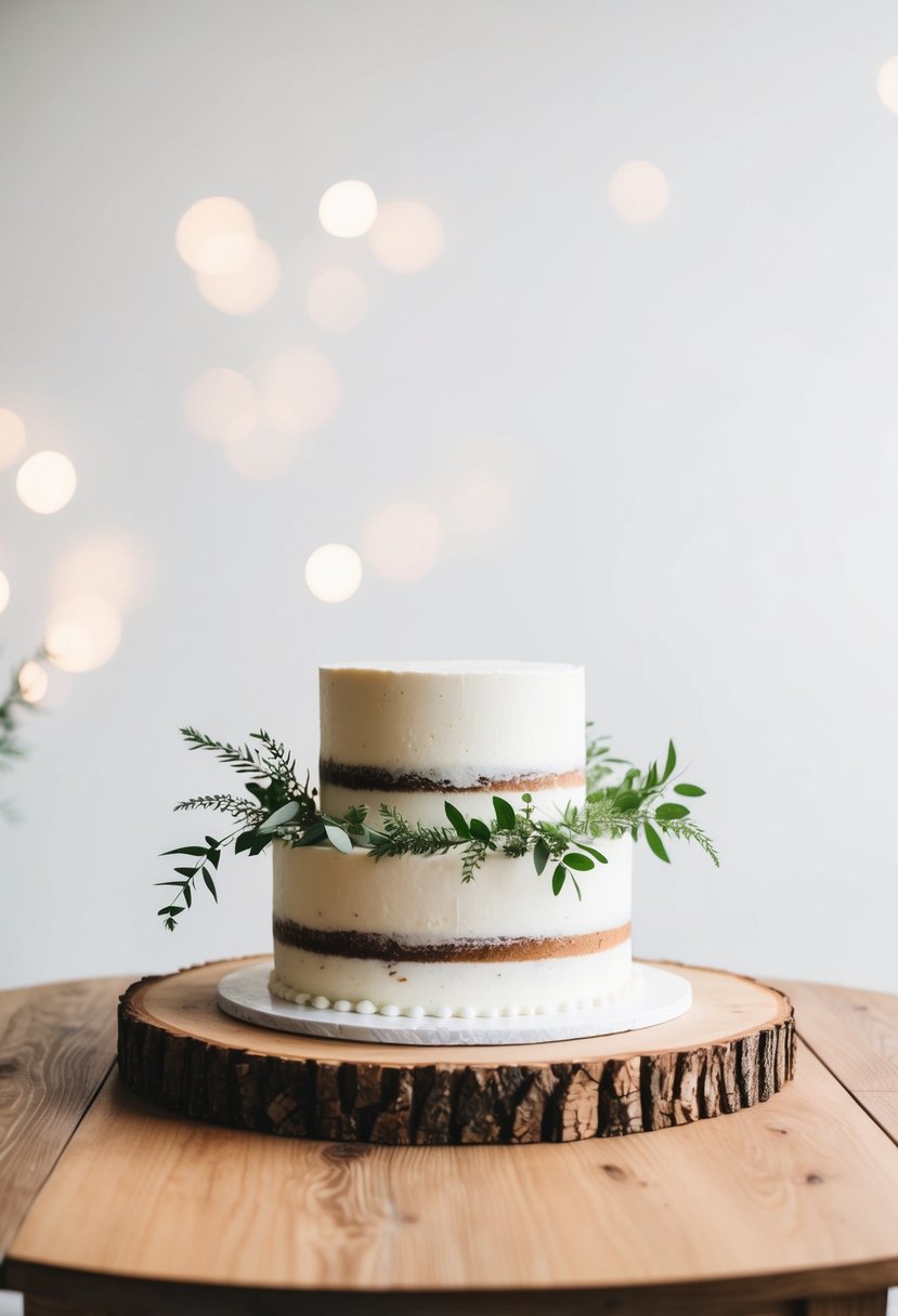 A simple white cake adorned with greenery accents sits on a wooden table against a white background