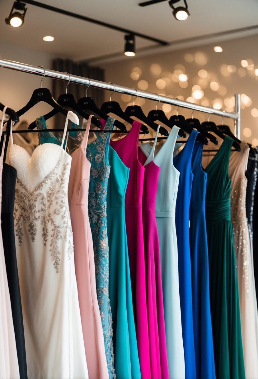 A collection of elegant dresses in various styles and colors, displayed on mannequins or hangers in a boutique setting