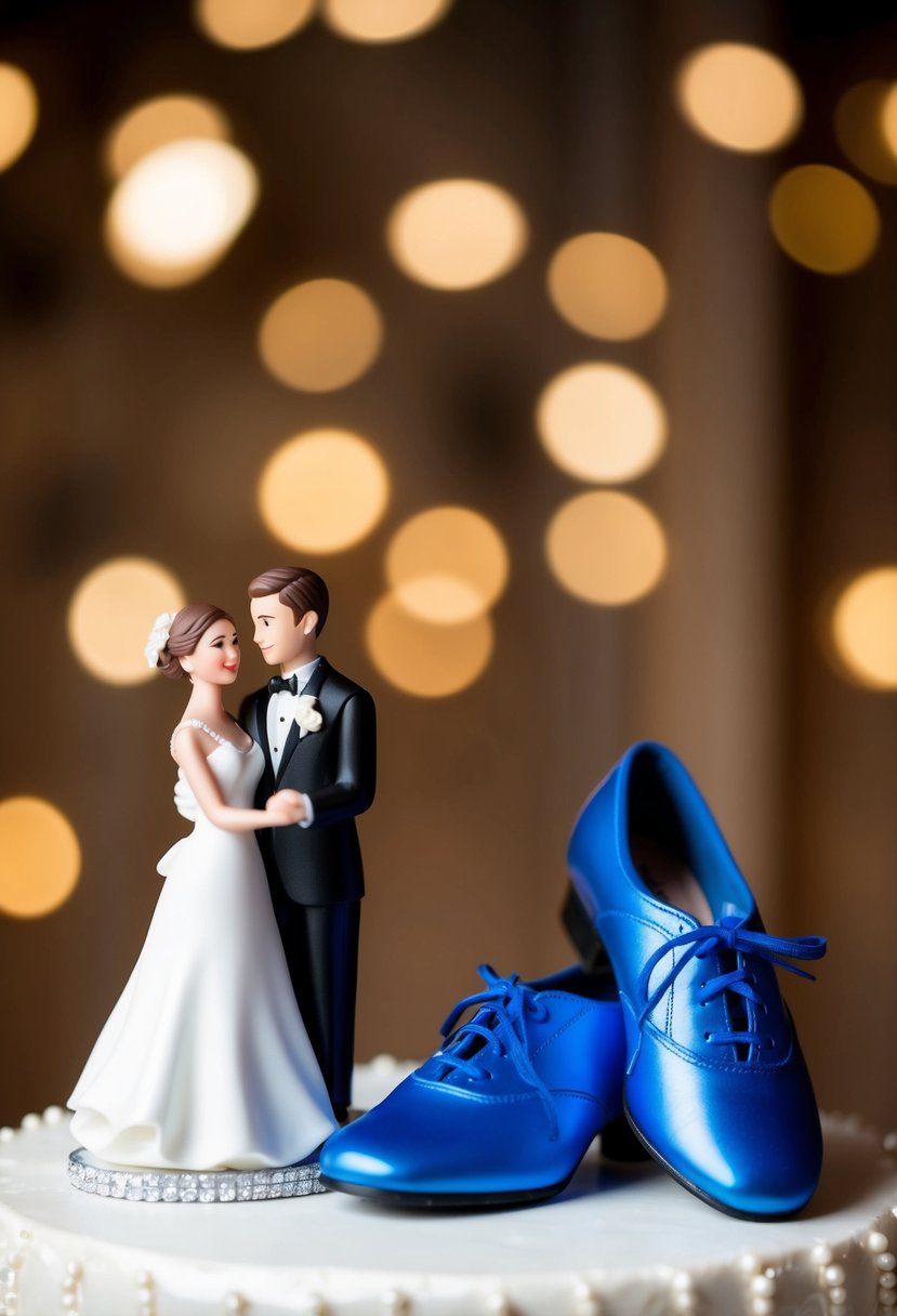 A pair of comfortable dancing shoes placed next to a wedding cake topper of a bride and groom