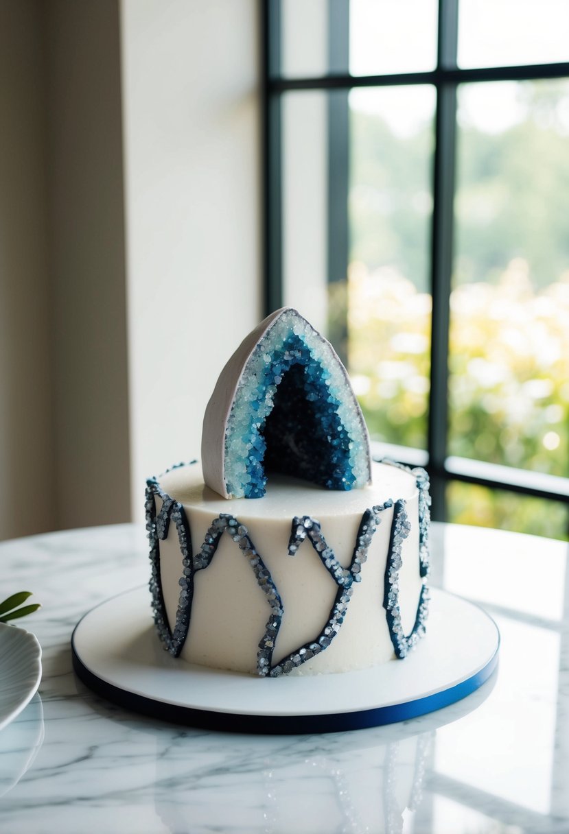 A geode cake adorned with shimmering crystal sugar detailing, set on a sleek marble table with soft natural light filtering through a nearby window