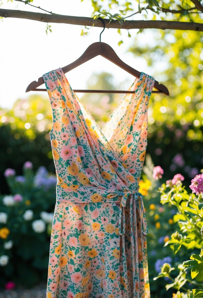 A floral wrap dress hangs on a vintage wooden hanger, surrounded by blooming garden flowers and dappled sunlight