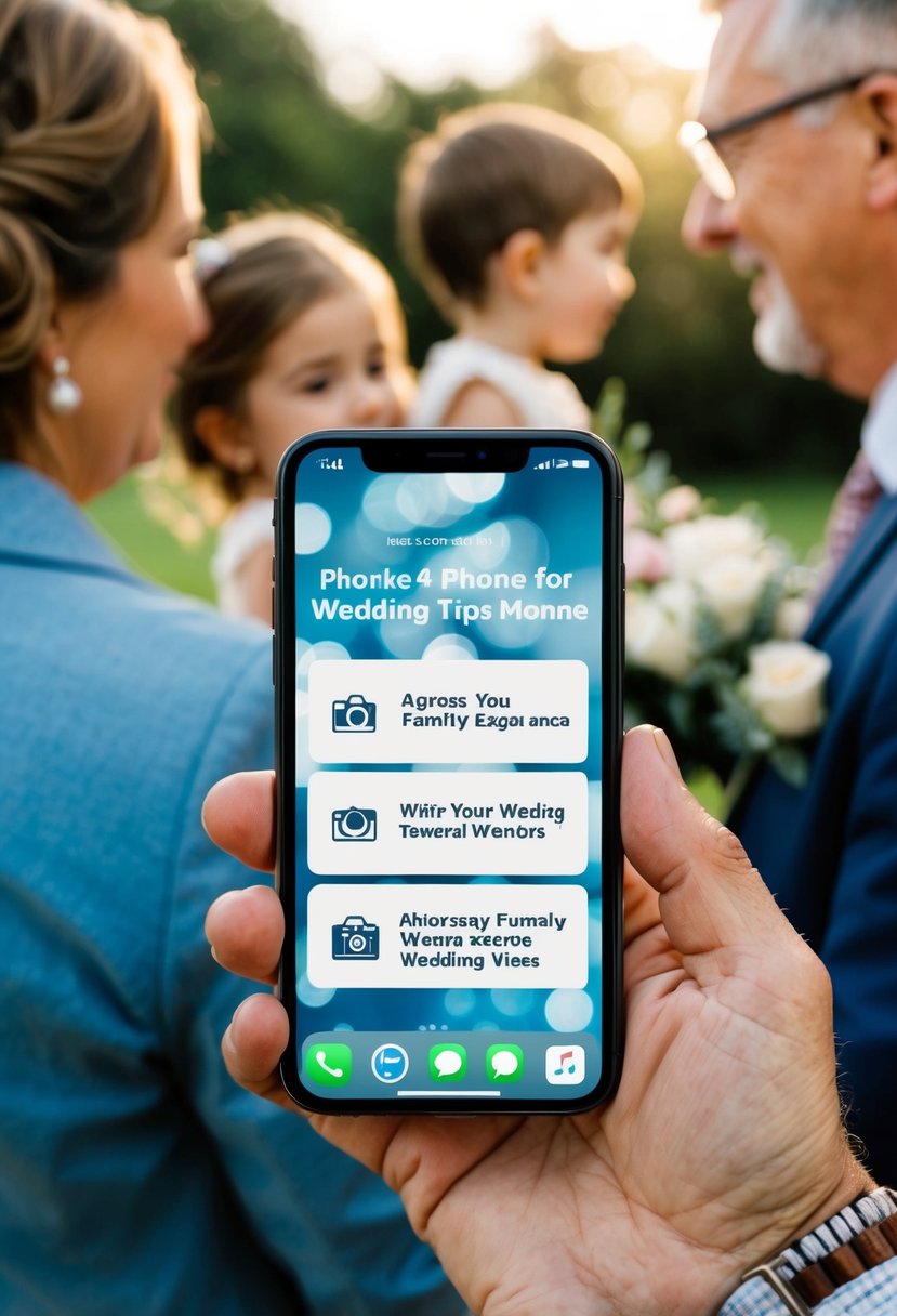 A phone with wedding tips displayed, held by a family member