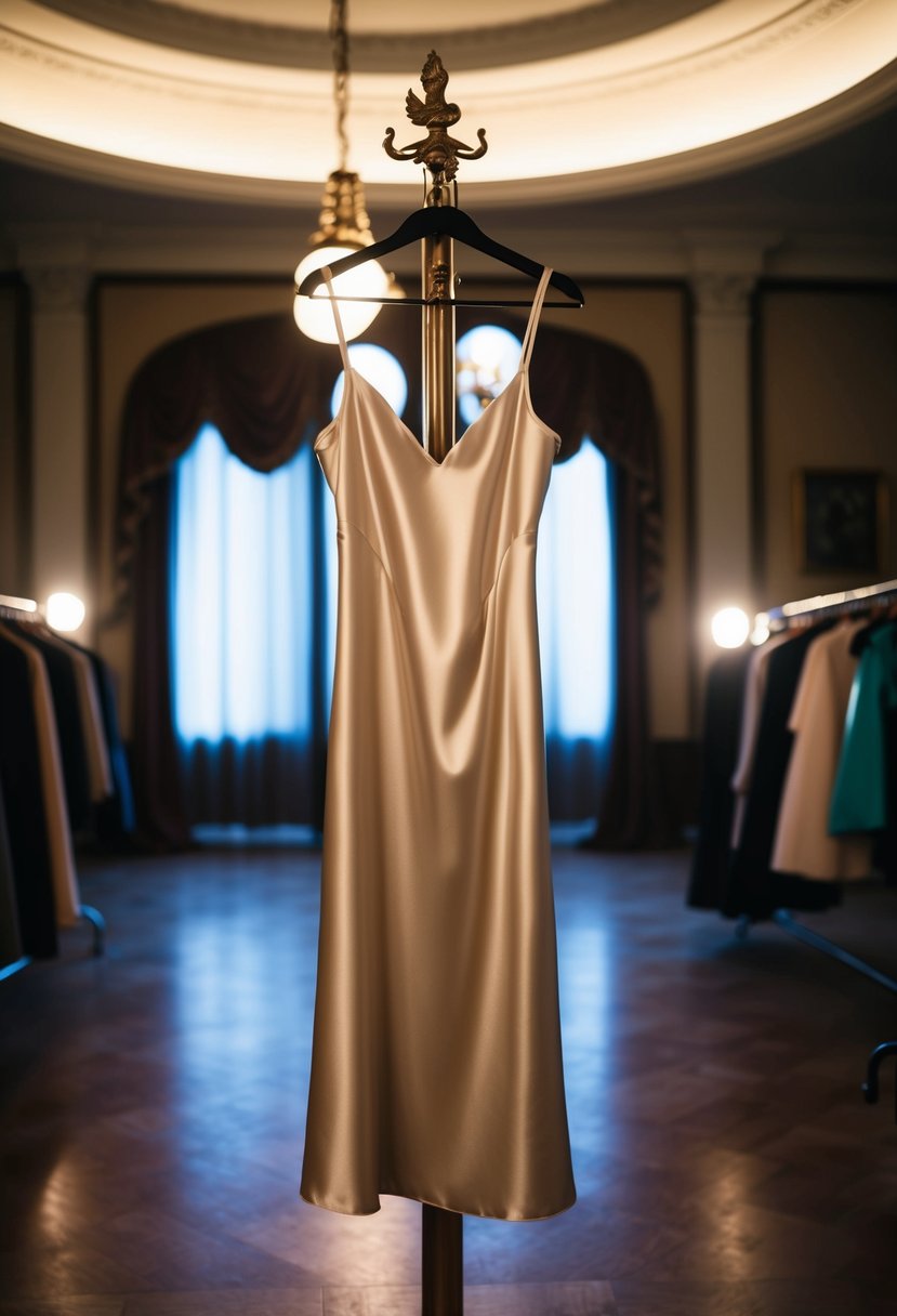 A dimly lit ballroom with a spotlight on a sleek satin slip dress hanging on a vintage coat rack