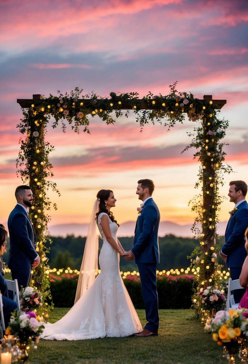 The bride and groom stand beneath a colorful sunset, surrounded by twinkling lights and blooming flowers, as they exchange vows in a romantic outdoor ceremony