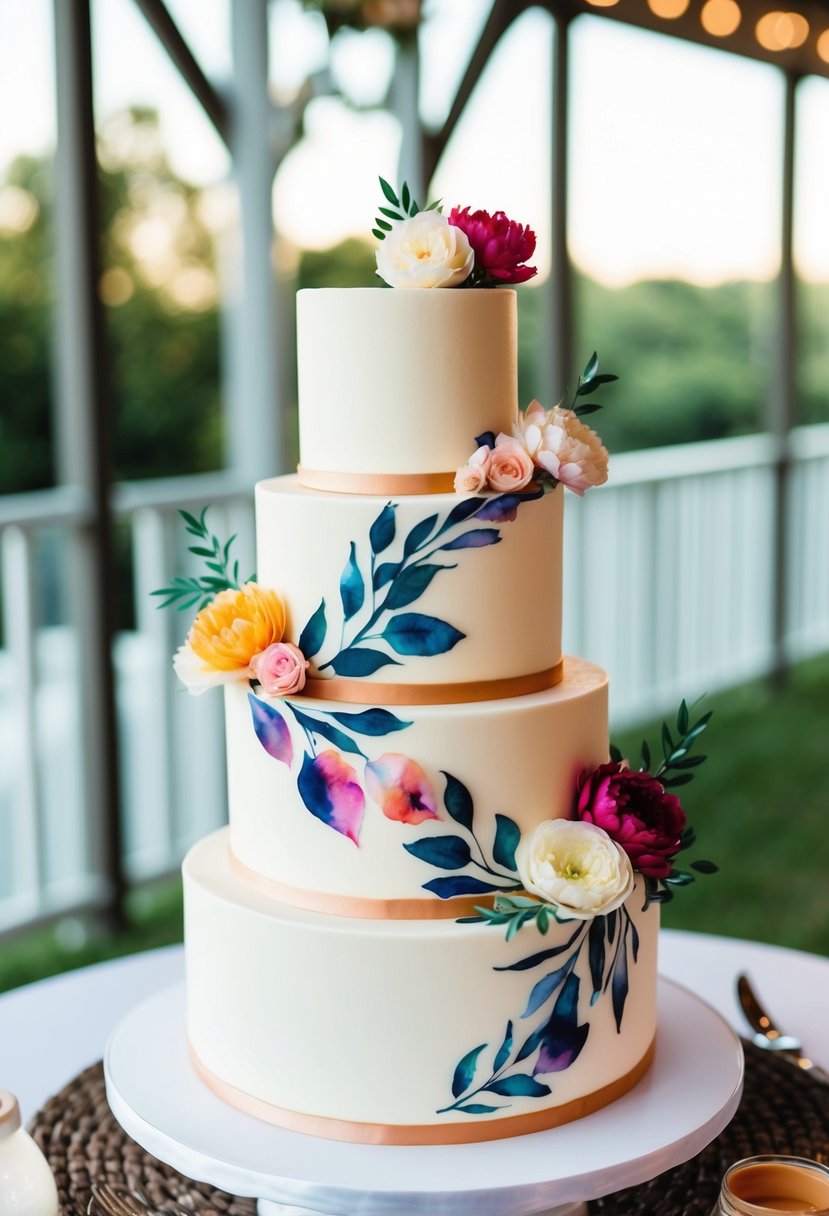 A tiered wedding cake adorned with watercolor floral designs and edible paint