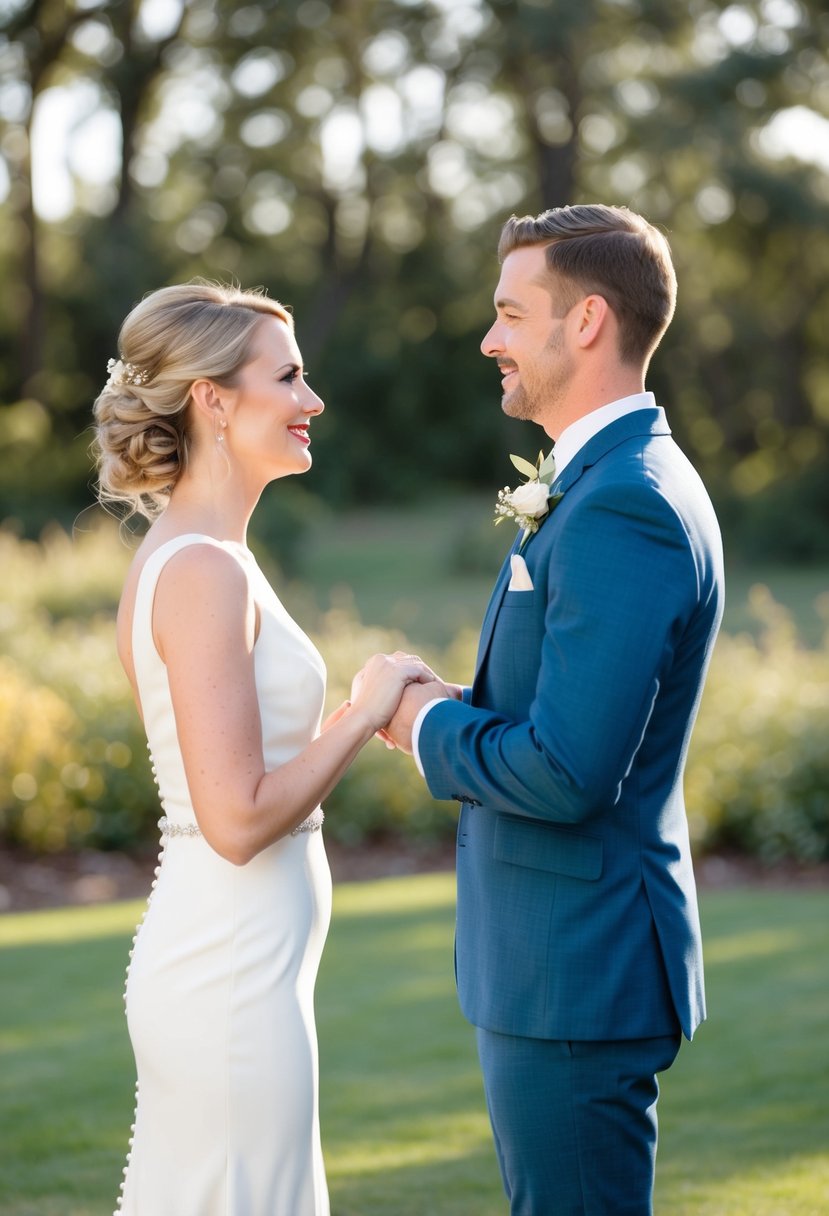 A bride and groom stand facing each other, surrounded by a serene outdoor setting. They speak their vows aloud, practicing for their upcoming wedding ceremony