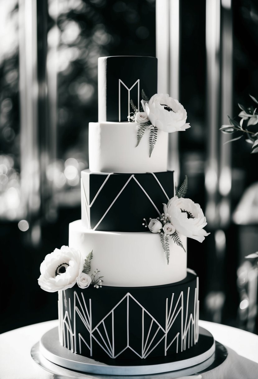 A sleek, tiered wedding cake with geometric Art Deco patterns in black and white, adorned with elegant floral accents