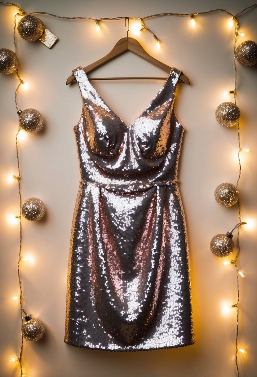 A sequin cocktail dress hanging on a hanger, surrounded by twinkling fairy lights and shimmering accessories