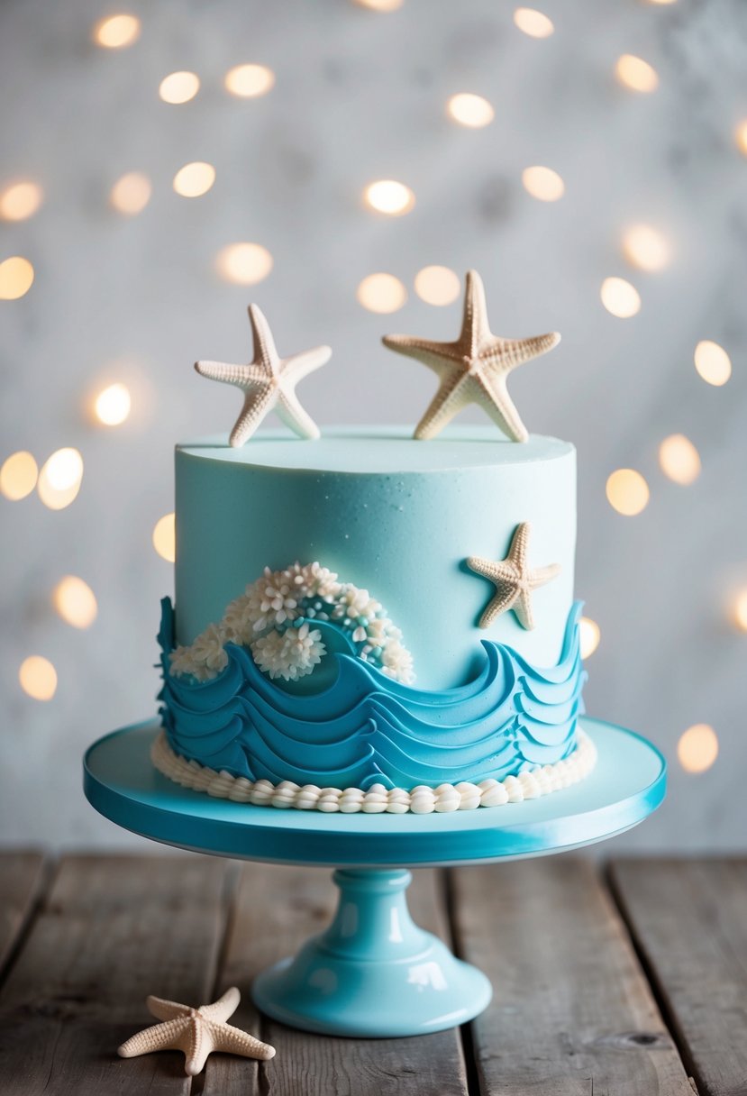 An ocean-inspired cake adorned with waves and starfish