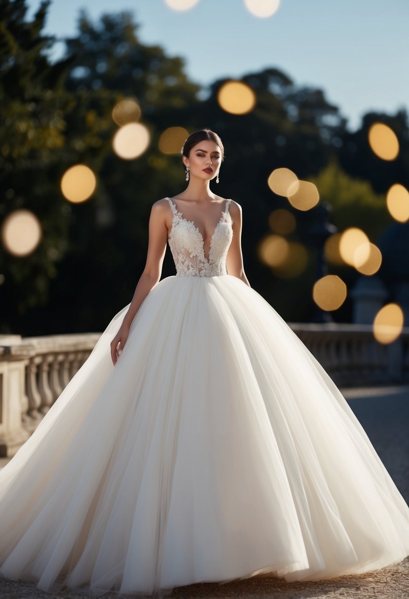 A grand tulle gown flowing in an A-line silhouette, creating a dramatic and elegant look for a wedding guest