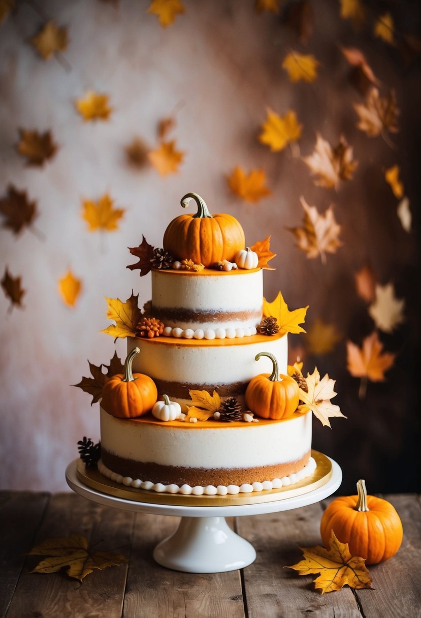 An autumn-themed wedding cake adorned with pumpkins and leaves, set against a rustic backdrop of falling leaves and warm hues