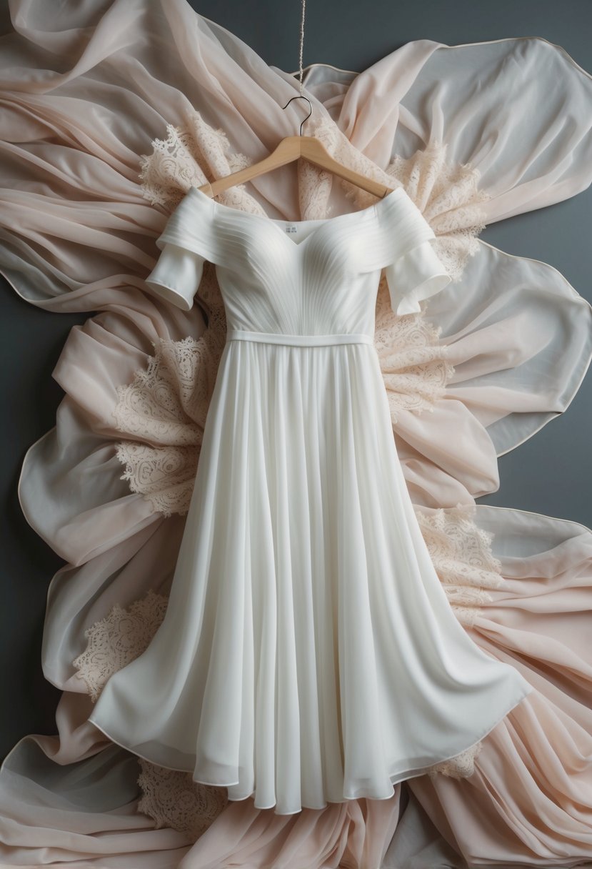 A flowing off-shoulder chiffon dress on a hanger, surrounded by soft, billowing fabric and delicate lace details