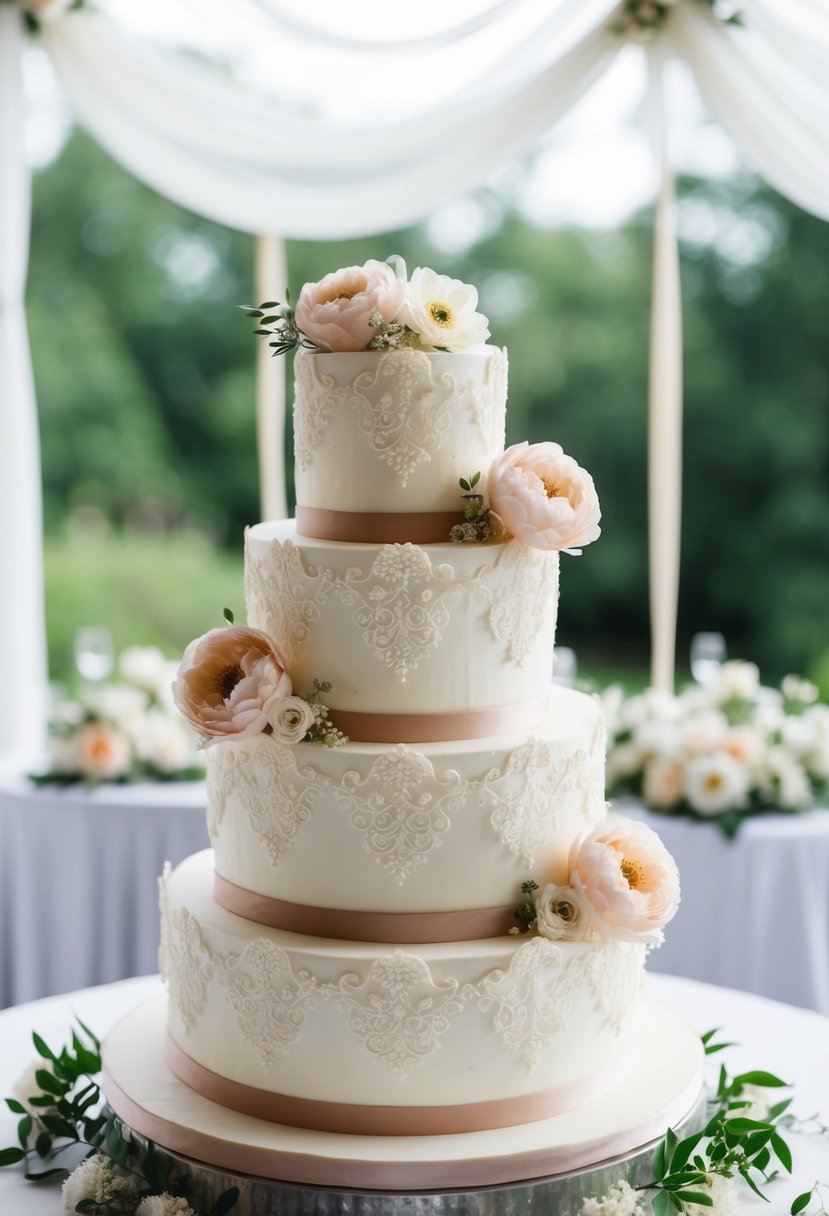 A three-tiered wedding cake adorned with intricate sugar lace, delicate flowers, and vintage lace ribbon