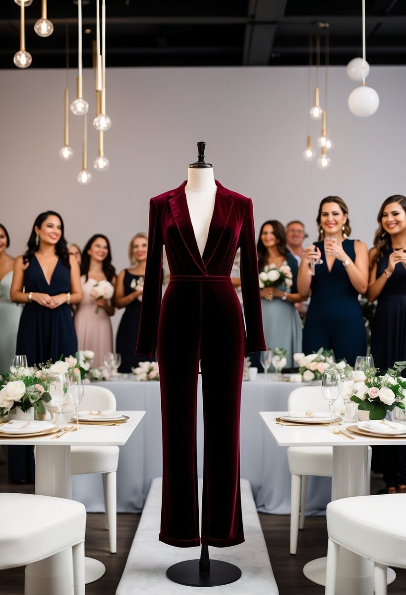 A sleek velvet jumpsuit on a mannequin, surrounded by modern wedding guest accessories and decor