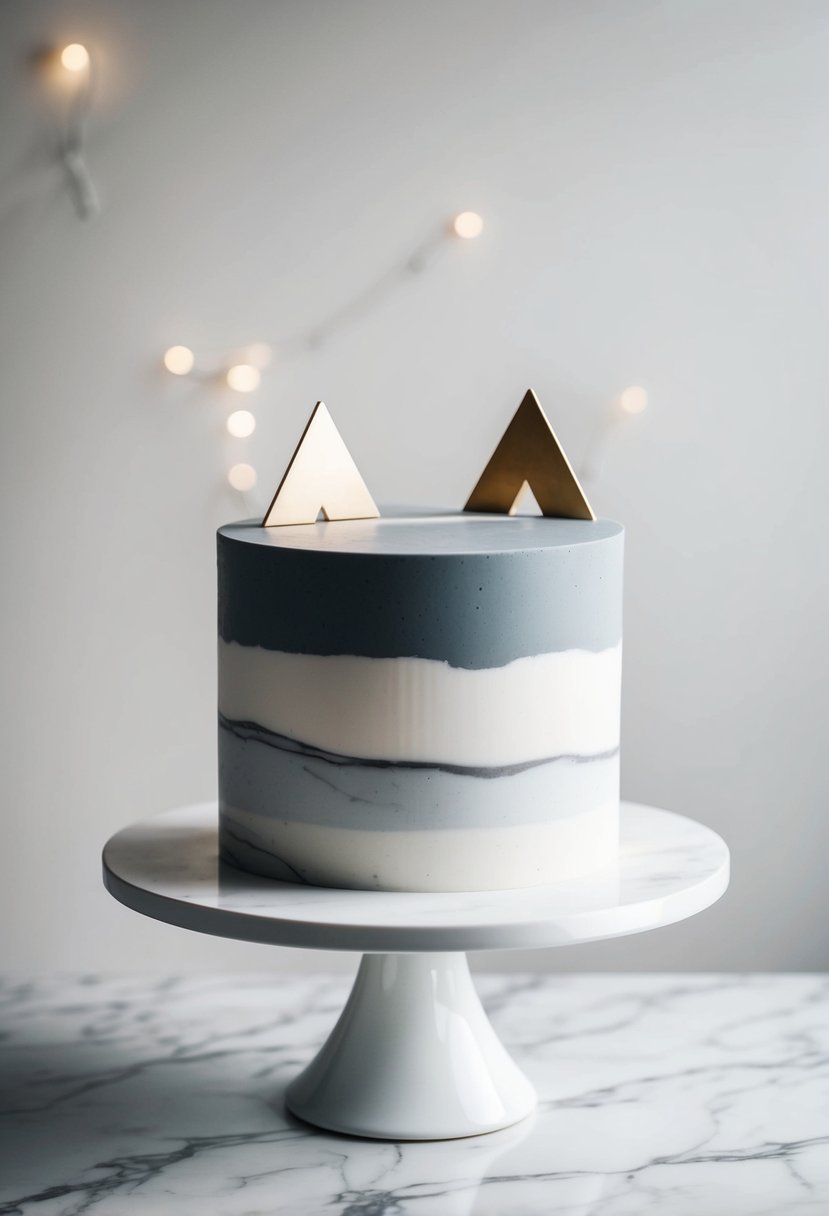 A modern marble cake in grey and white, adorned with minimalist geometric accents, sits on a sleek, marble-topped table