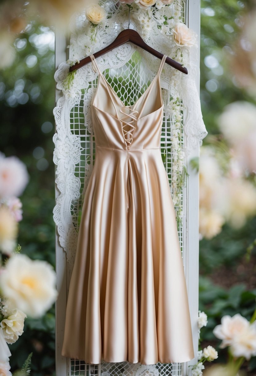 A silk tea-length dress with a strappy back hangs on a hanger, surrounded by delicate lace and floral accents