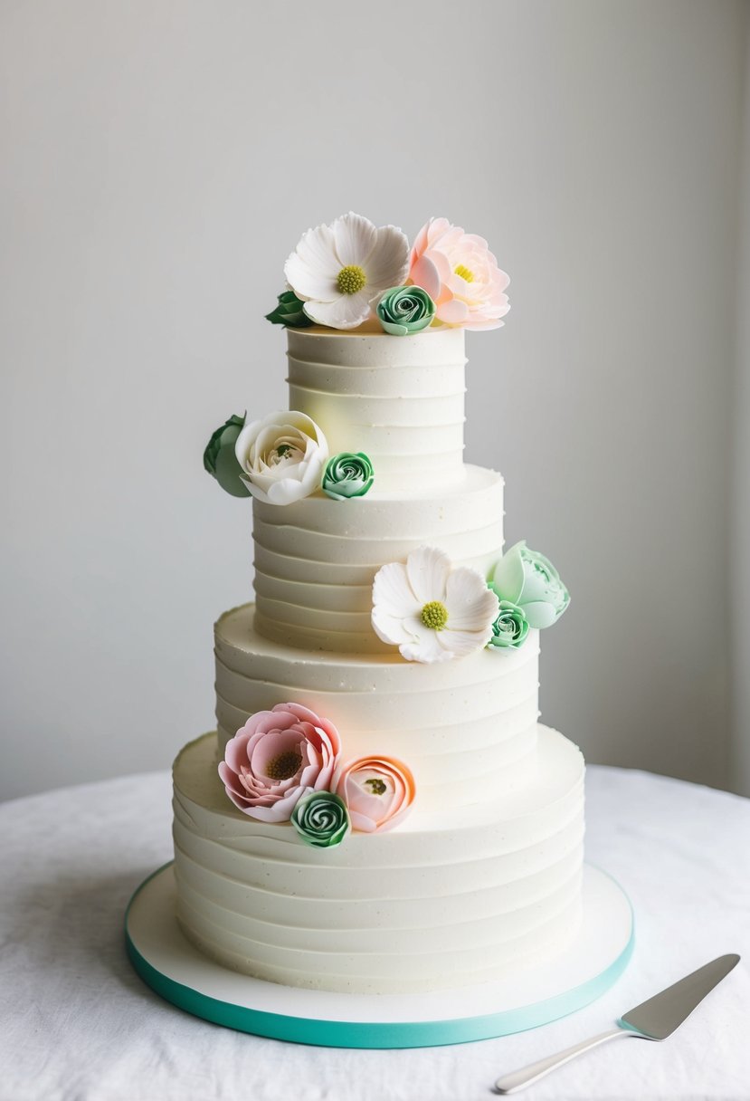 A three-tiered buttercream cake adorned with realistic sugar flowers in shades of pink, white, and green, set against a simple white backdrop