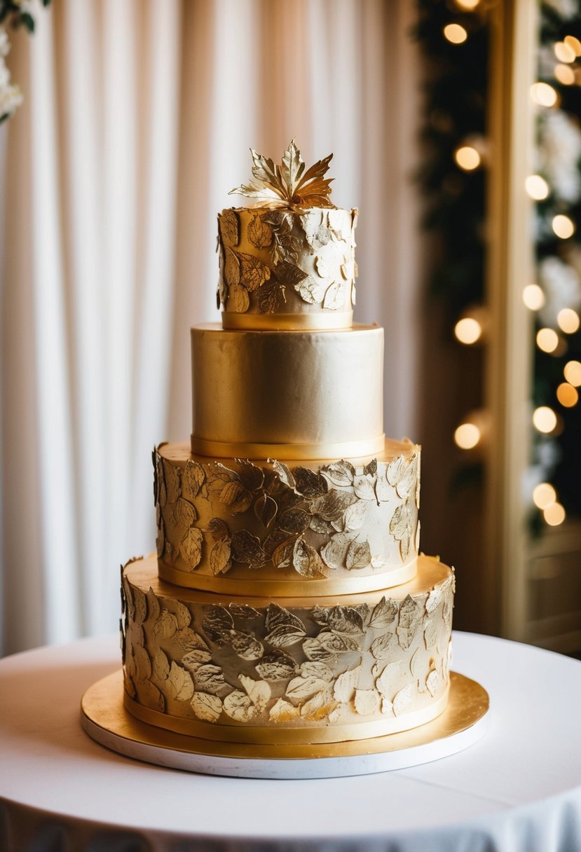 A three-tiered cake adorned with gold leaf and metallic accents, set against a backdrop of elegant wedding decor