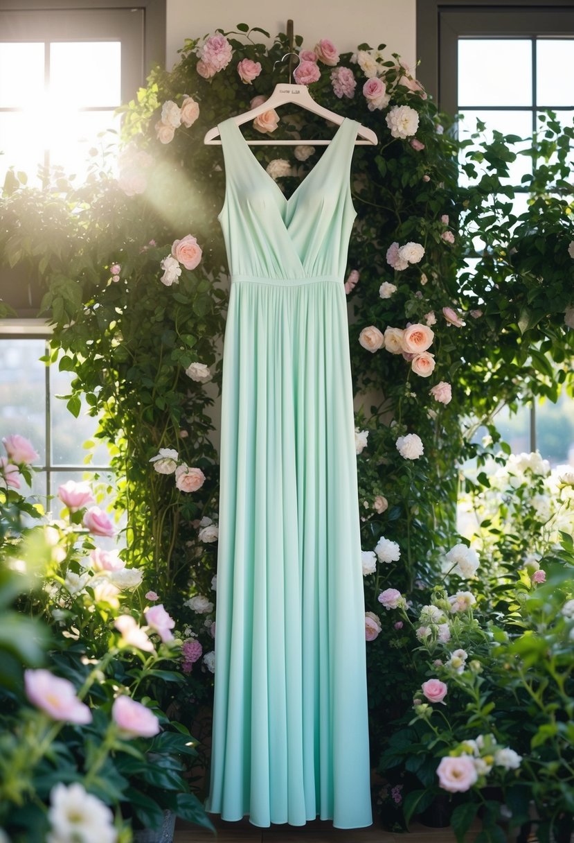 A soft pastel maxi dress on a hanger, surrounded by blooming flowers and greenery, with sunlight streaming in through a window