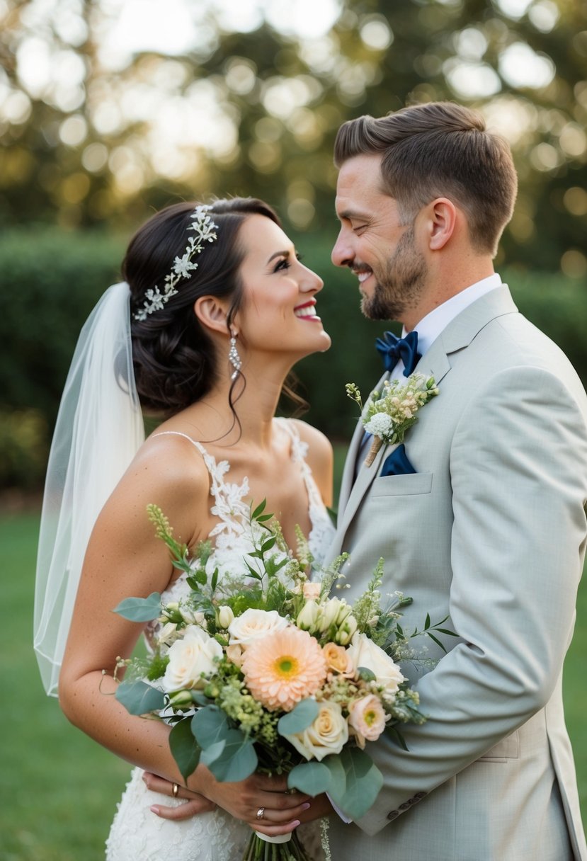 A bride and groom cutting costs by DIY-ing decorations, using seasonal flowers, and opting for a smaller, intimate venue