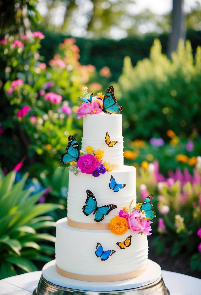 A three-tiered wedding cake adorned with colorful butterflies and vibrant flowers, set against a backdrop of lush greenery and blooming garden plants