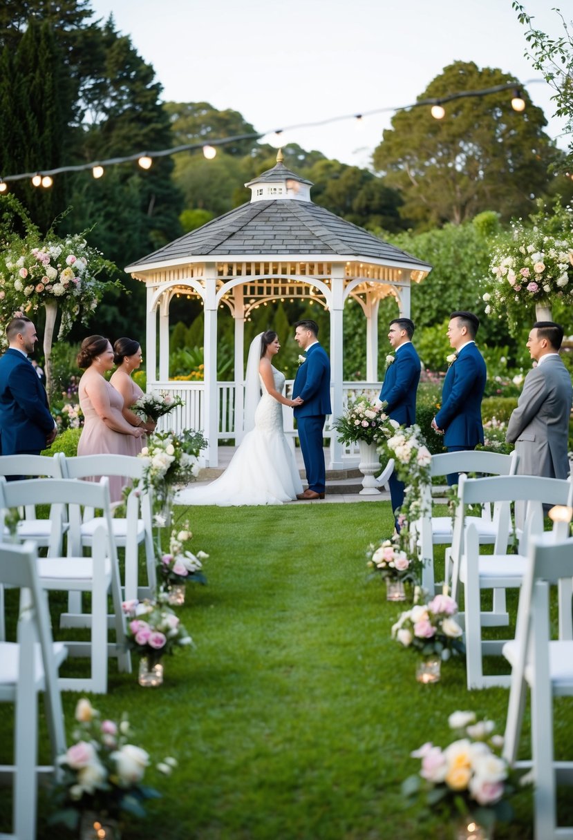 A serene weekday wedding ceremony in a lush garden with a charming gazebo, surrounded by blooming flowers and twinkling fairy lights