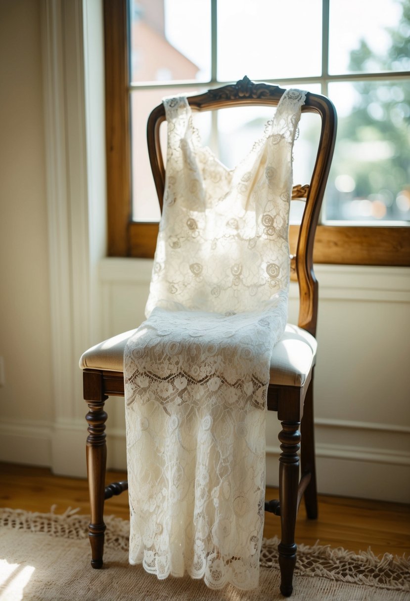 A lace midi dress draped over a vintage wooden chair in a sunlit room