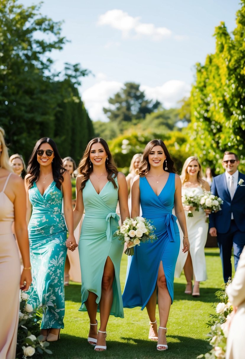 A sunny outdoor wedding with guests wearing jersey wrap dresses in various colors, surrounded by greenery and flowers