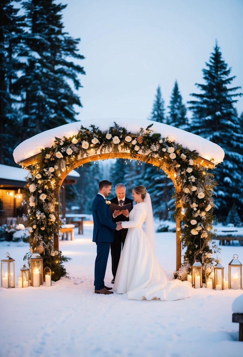 A serene winter landscape with a cozy, candlelit venue, adorned with seasonal flowers and twinkling lights. A bride and groom exchange vows under a snow-covered archway