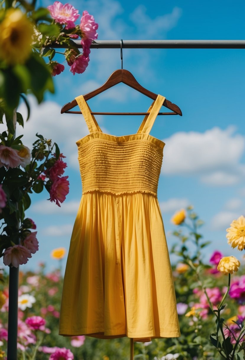 A vibrant sundress hangs on a hanger, surrounded by blooming flowers and a sunny blue sky