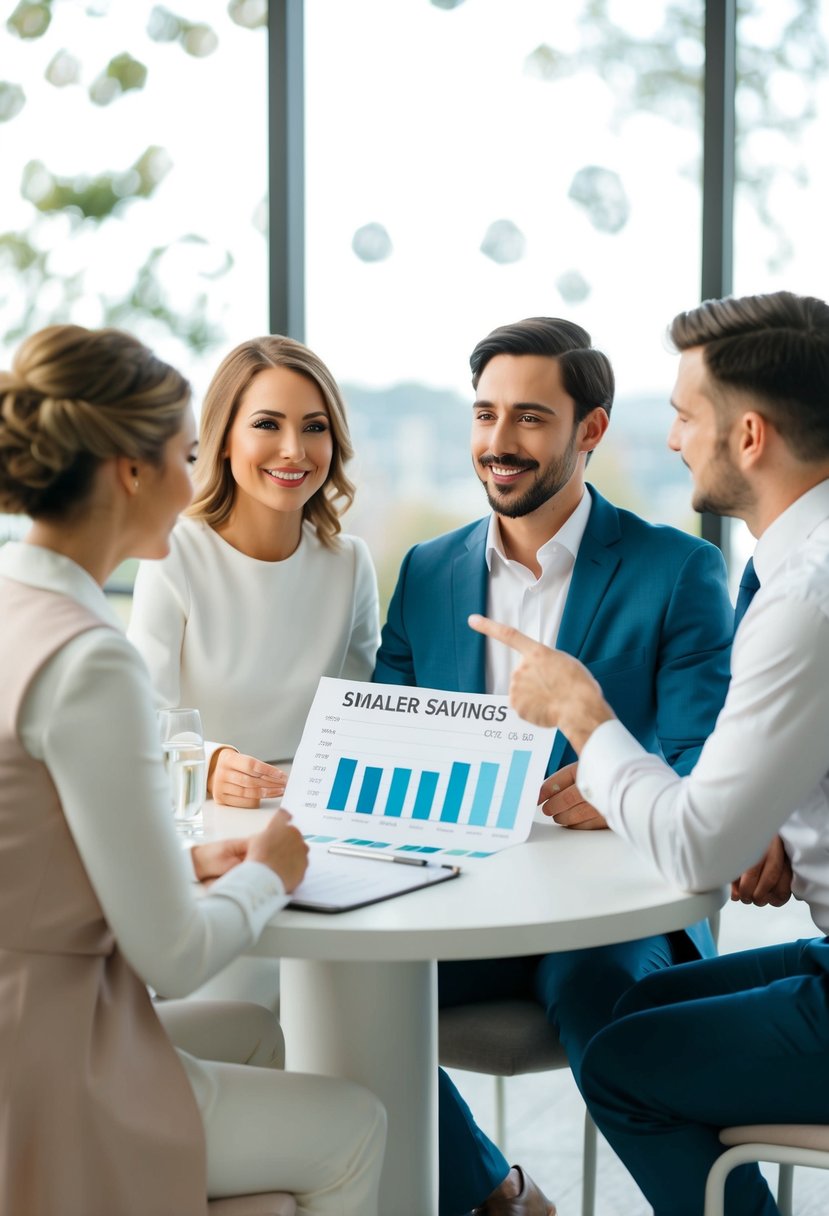 A couple sitting at a table with a wedding planner, discussing their guest list and budget. The planner points to a chart showing cost savings with a smaller guest list