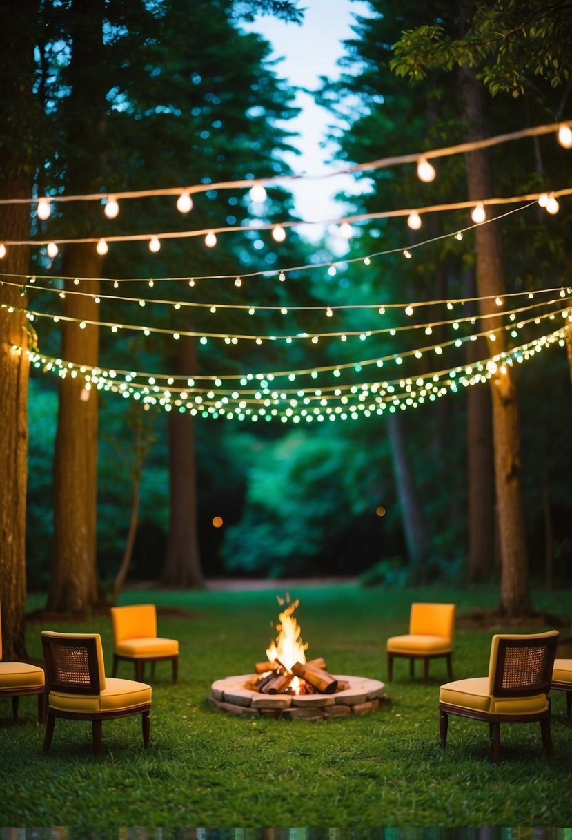 A whimsical outdoor wedding in a lush forest clearing, with twinkling string lights, colorful lanterns, and a cozy bonfire