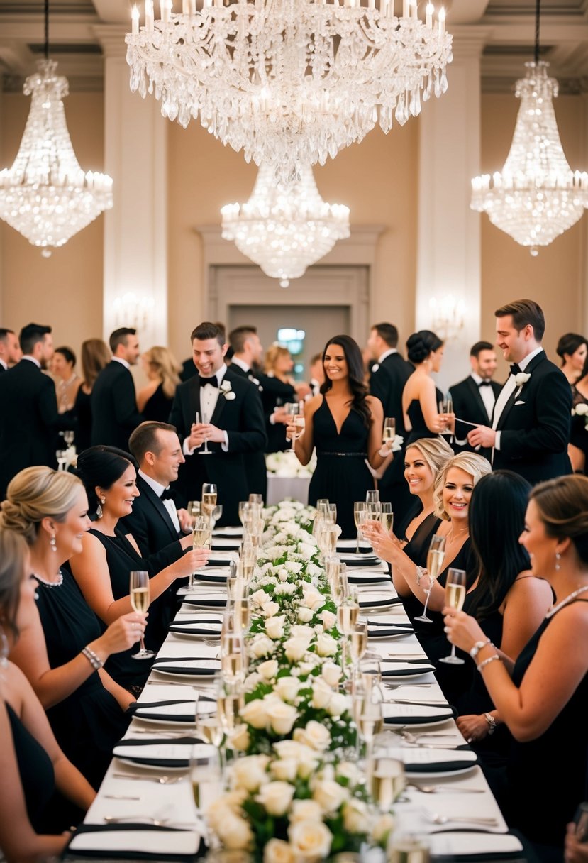 A grand ballroom with crystal chandeliers, a long banquet table adorned with white roses, and guests in formal black gowns mingling with champagne glasses