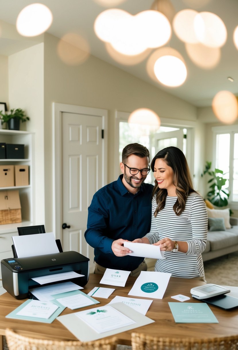 A cozy home office with a printer, paper, and wedding invitation designs spread out on a desk. A couple happily discussing their budget-saving ideas