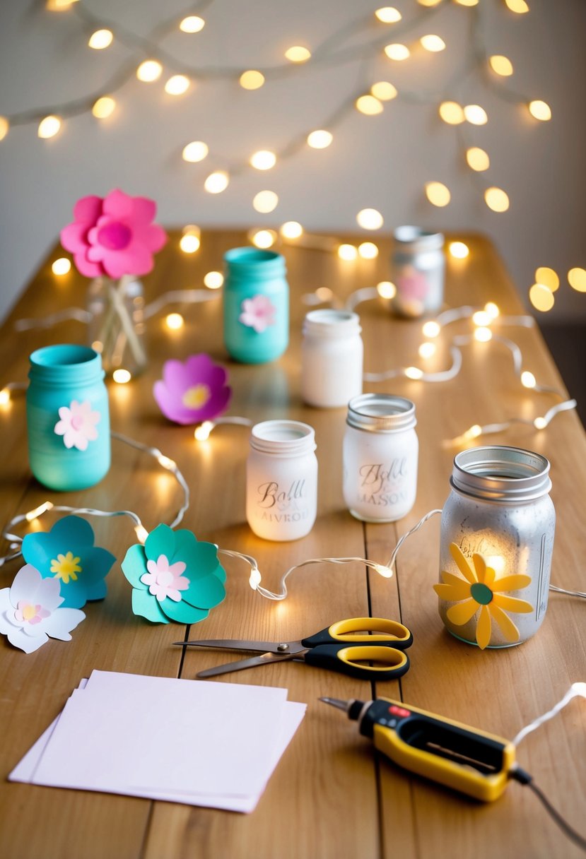 A table scattered with handmade wedding decorations, including paper flowers, string lights, and painted mason jars. A pair of scissors and glue gun sit nearby