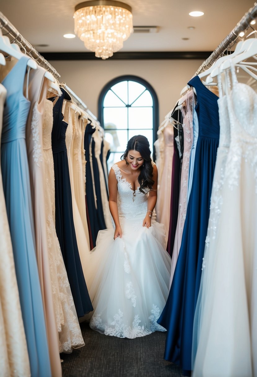 A bride browsing through racks of pre-owned wedding dresses at a boutique, carefully inspecting the gowns for the best money-saving option