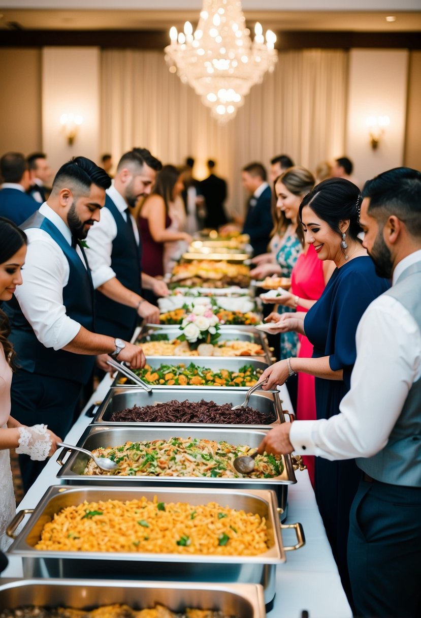 A long buffet table with various food stations and guests serving themselves at a wedding reception