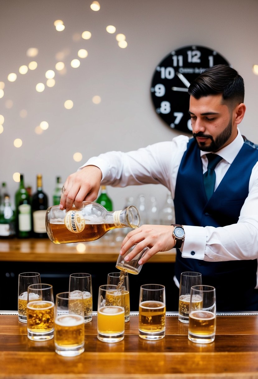 A bartender pouring drinks into empty glasses as a clock on the wall shows the limited open bar hours for a wedding