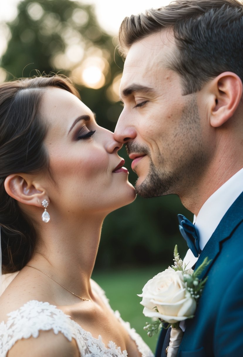 A couple's eyes meet as they lean in for a tender wedding kiss