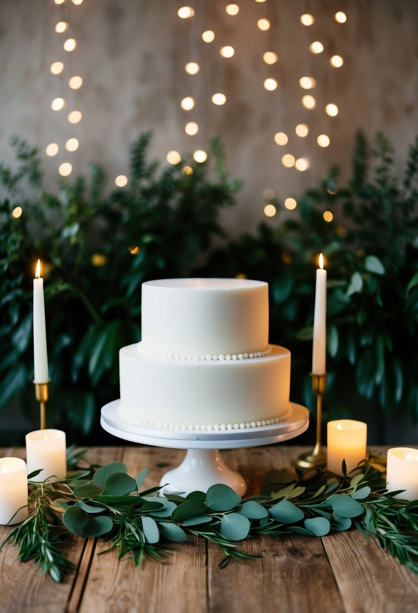 A simple, elegant wedding cake on a rustic wooden table, surrounded by greenery and soft candlelight