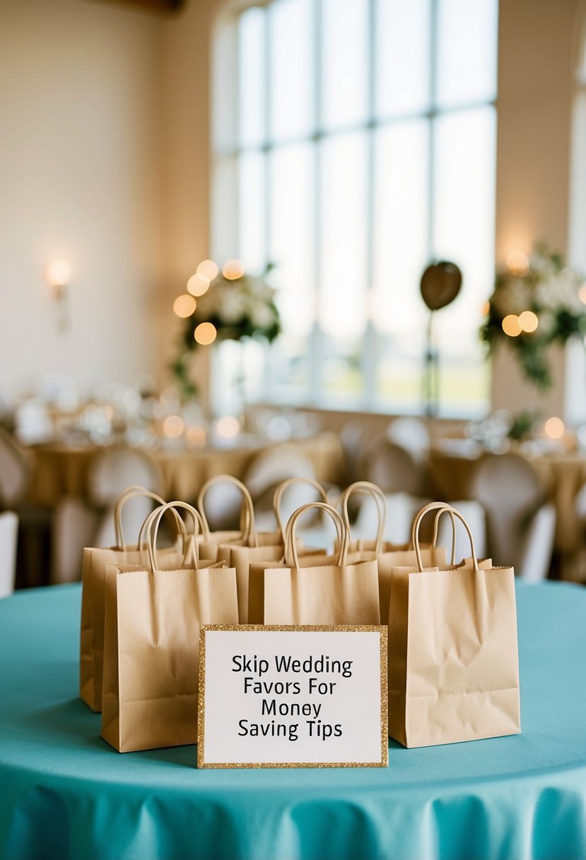 A table with empty favor bags and a sign reading "Skip wedding favors for money-saving tips."