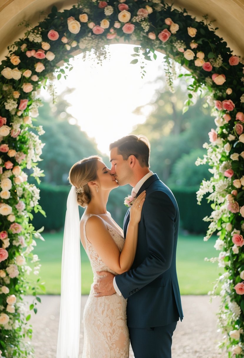 A couple kissing under a floral archway with soft sunlight filtering through