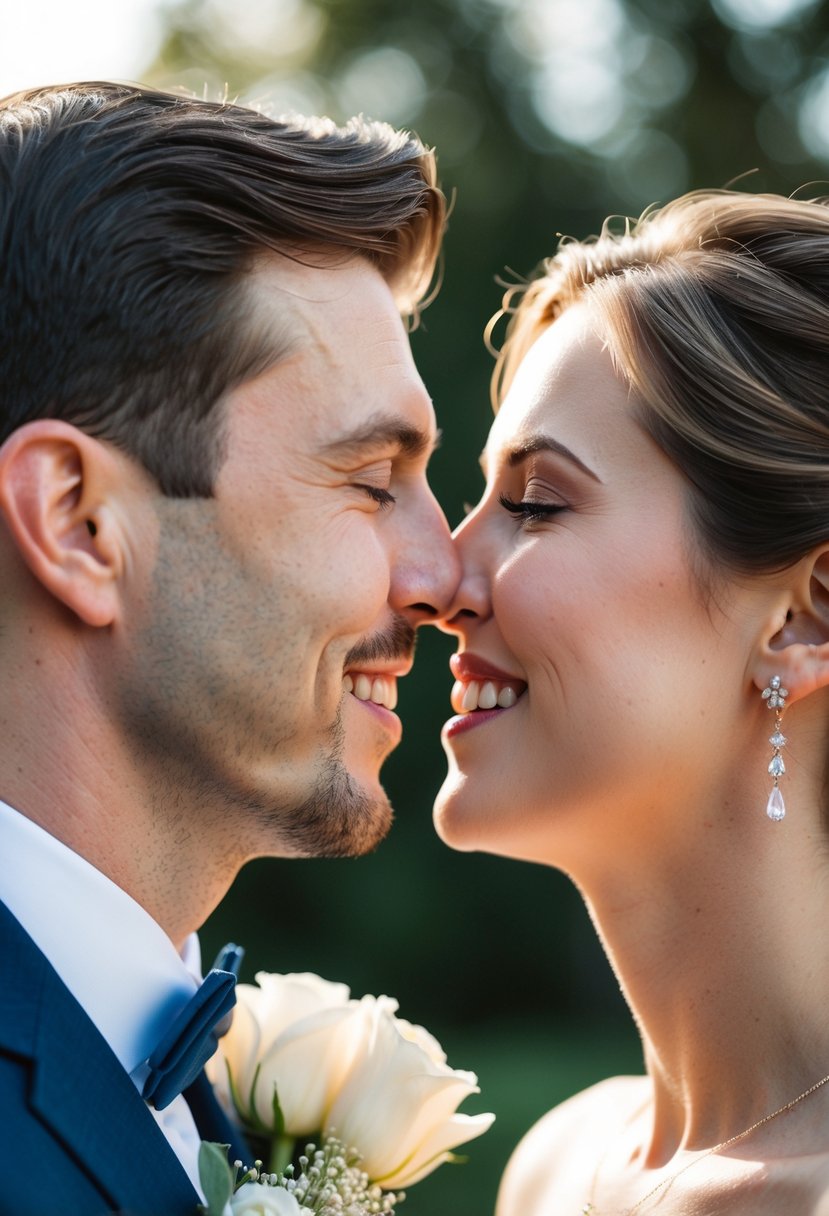 A couple's faces close together, smiling before and after a kiss at their wedding