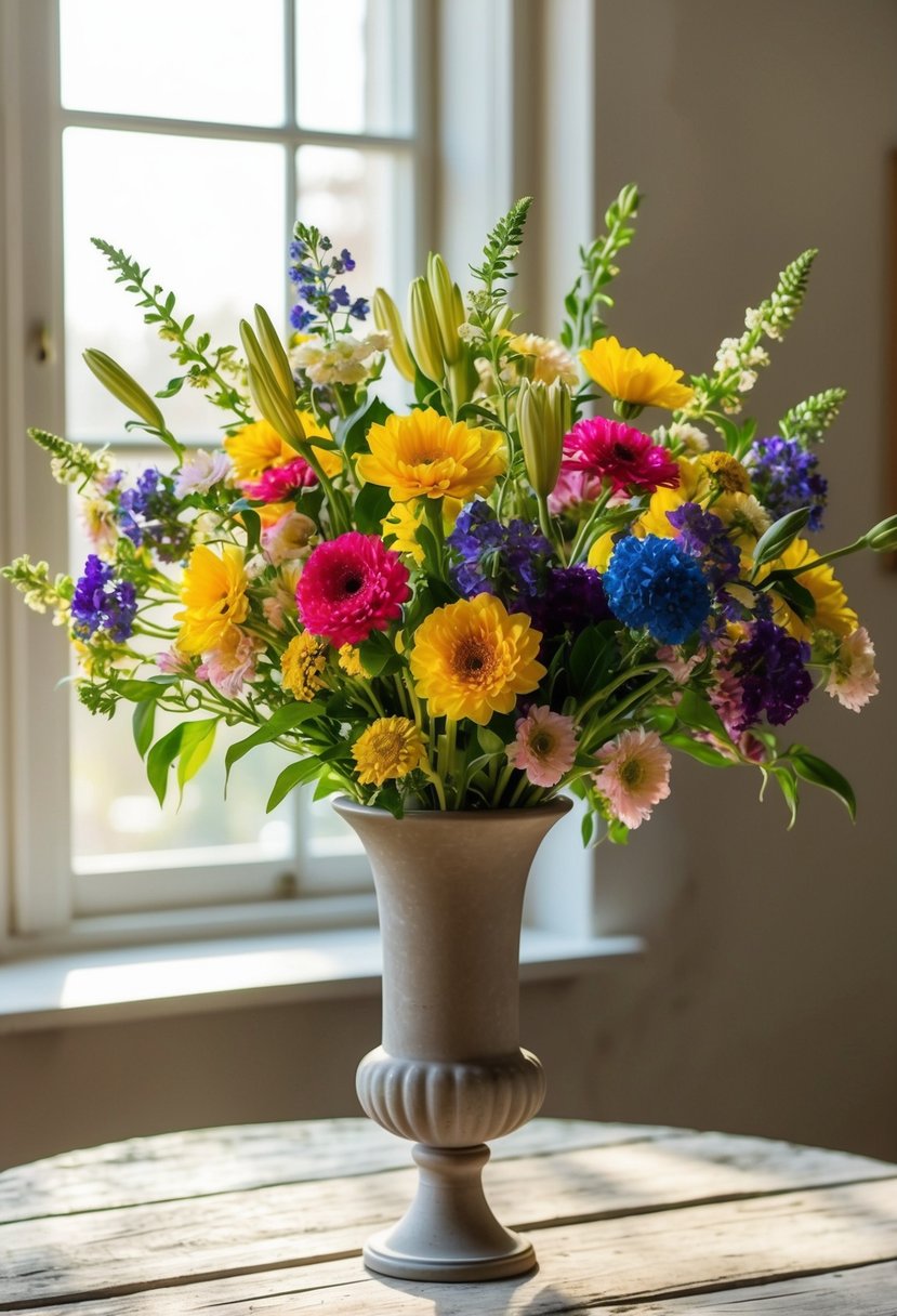 A colorful bouquet of in-season flowers arranged in a simple, elegant vase on a rustic wooden table, with sunlight streaming through a nearby window