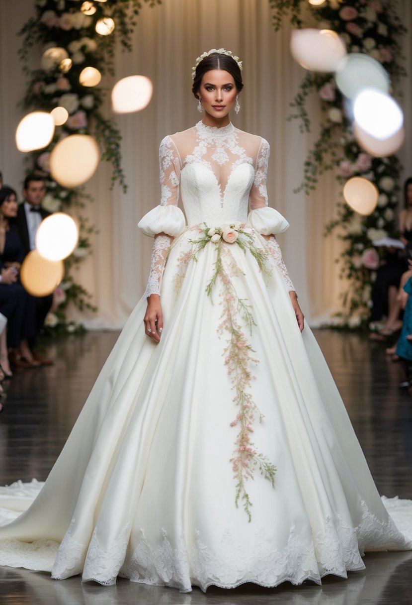 A bride in a flowing, lace-trimmed gown with a high neckline, puffed sleeves, and a full skirt, adorned with delicate floral accents and a long train