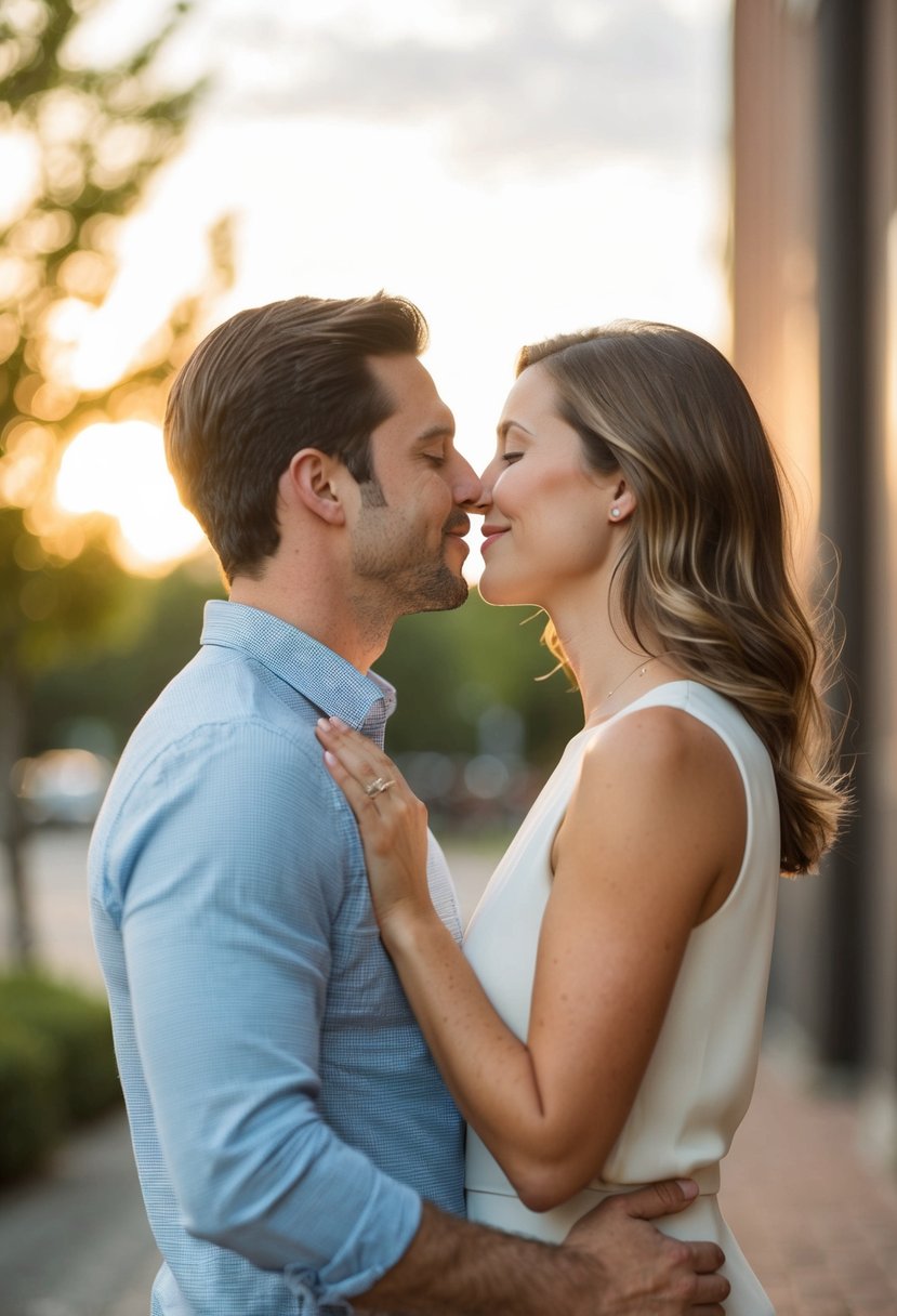 A couple standing face to face, leaning in for a gentle and romantic kiss, with their bodies positioned at a comfortable and natural angle