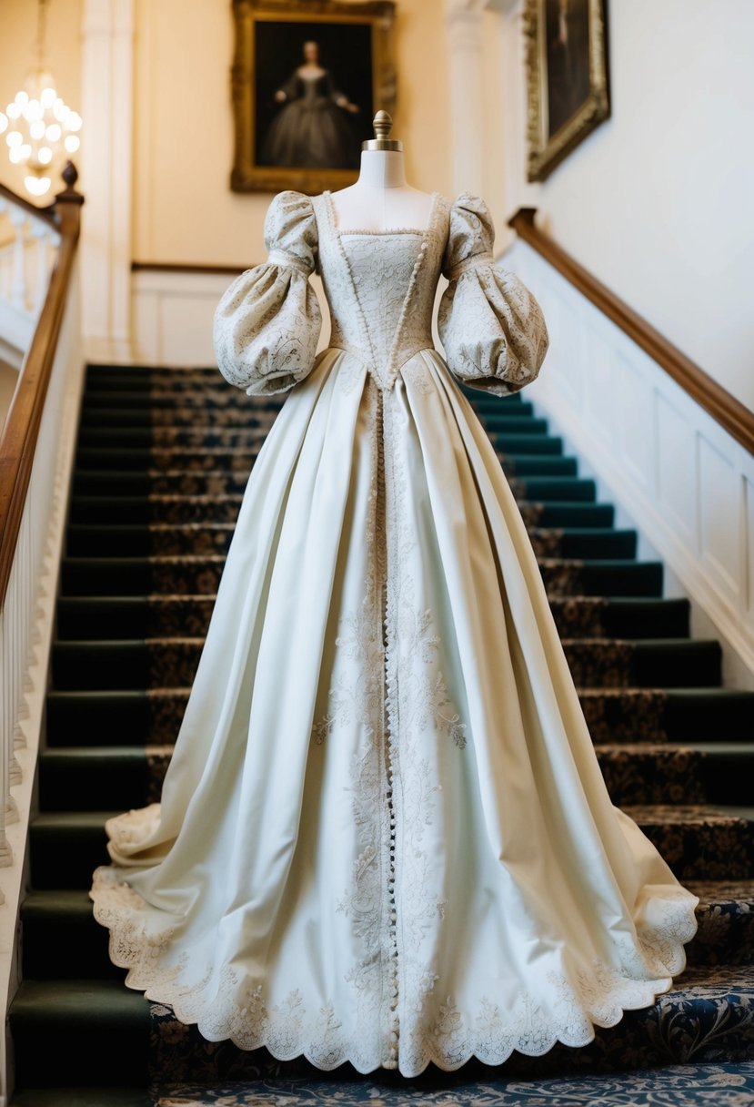 A Renaissance-inspired gown with puffy sleeves, adorned with intricate lace and embroidery, cascading down a grand staircase in a stately ballroom