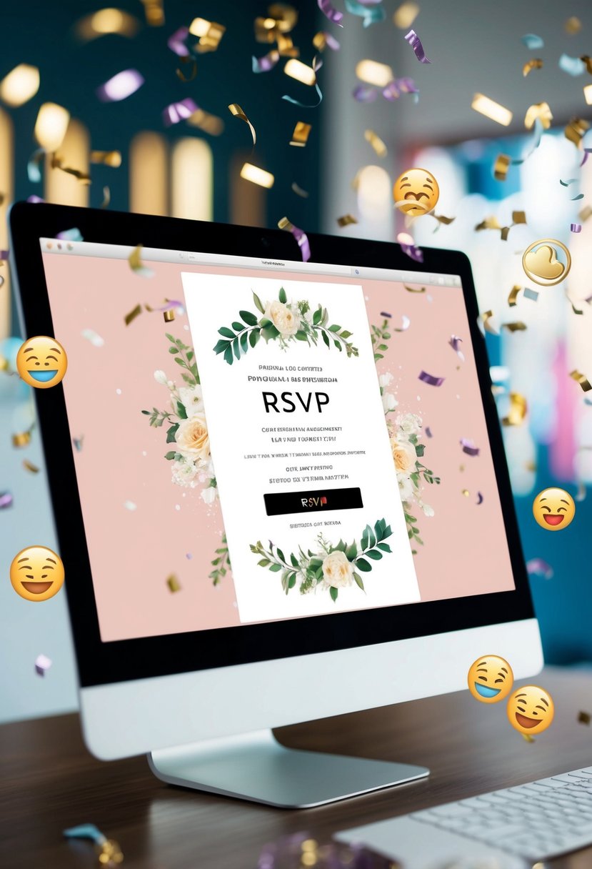 A computer screen displaying a wedding invitation with a "RSVP" button highlighted, surrounded by virtual confetti and celebratory emojis