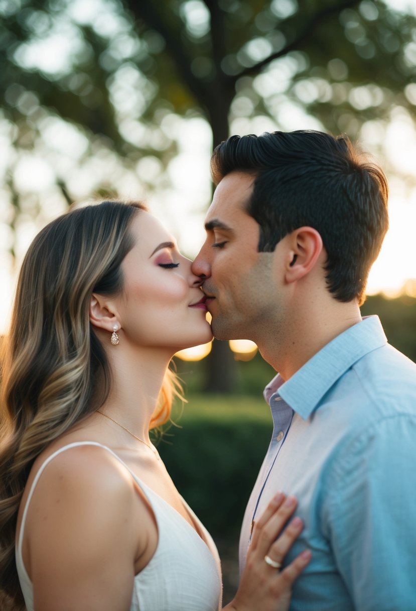 A couple standing close, eyes closed, leaning in for a gentle and unhurried kiss